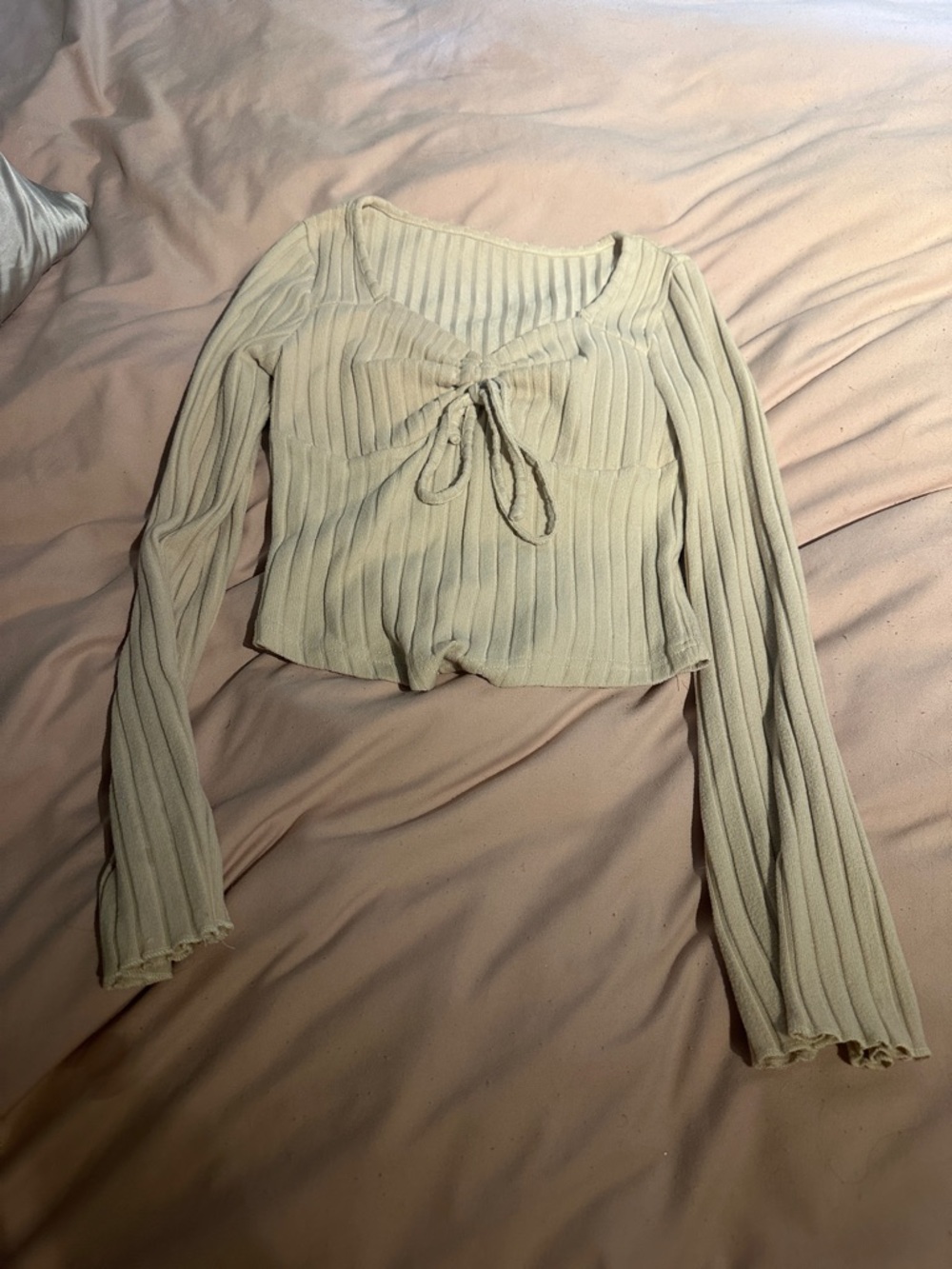Rib-Knit Tie-Front Long Sleeve Top in Cream